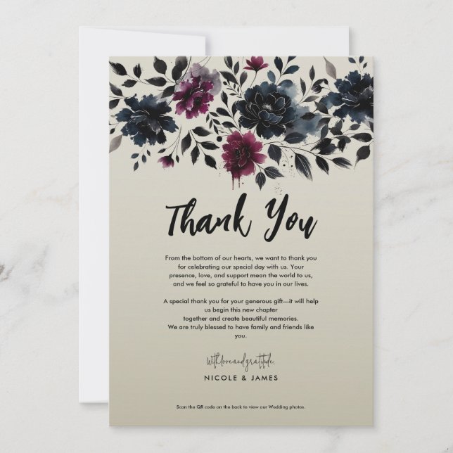 Convites Casamento Floral Azul Meia-Noite Borgonha Amêndoa (Frente)