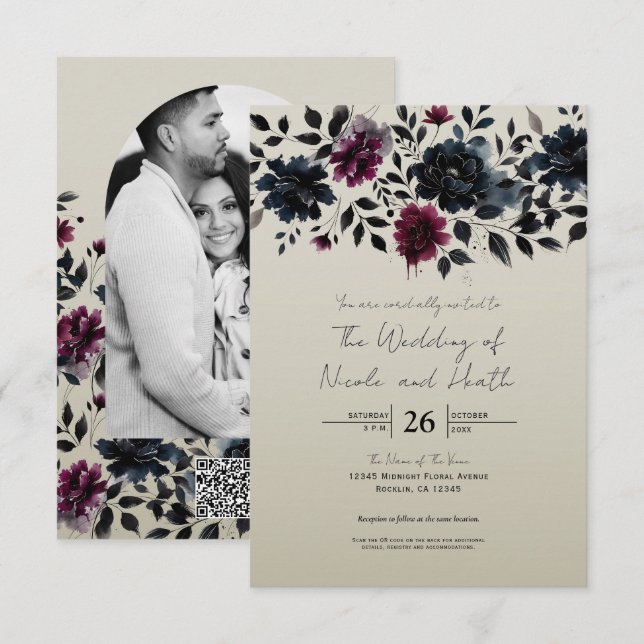 Convites Casamento Floral Azul Meia-Noite Borgonha Amêndoa (Frente/Verso)