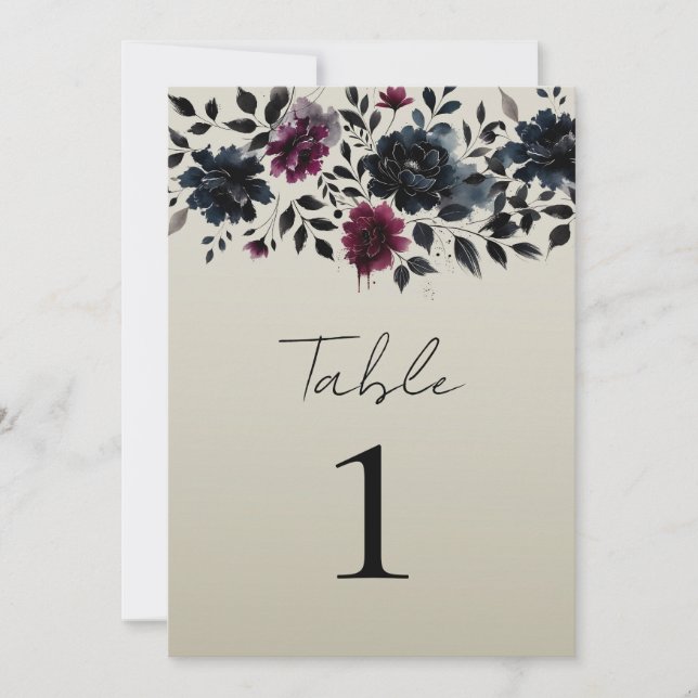 Convites Casamento Floral Azul Meia-Noite Borgonha Amêndoa (Frente)