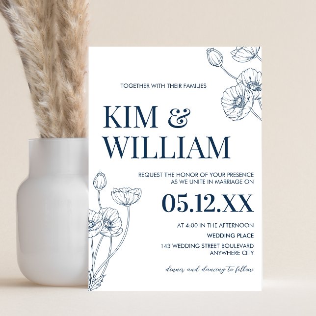 Convites Casamento Floral Azul Minimalista (Blue Minimalist Floral Wedding Invitation)