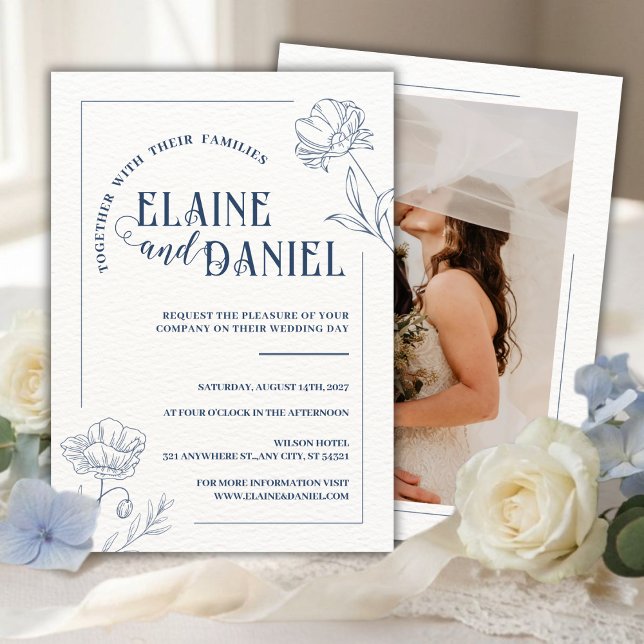 Convites Casamento Floral Azul Minimalista Clássico (Criador carregado)