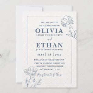 Convites Casamento Floral Azul Minimalista Elegante