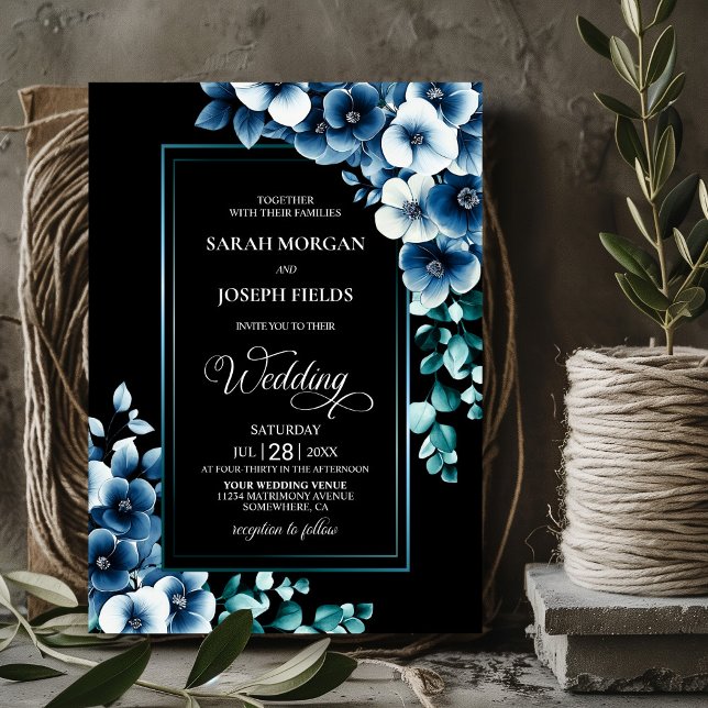 Convites Casamento Floral Azul Moderno (Criador carregado)