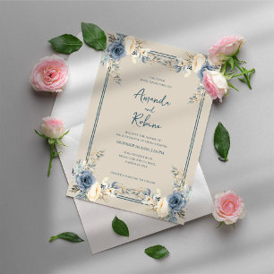 Convites Casamento Floral Azul Moderno Elegante