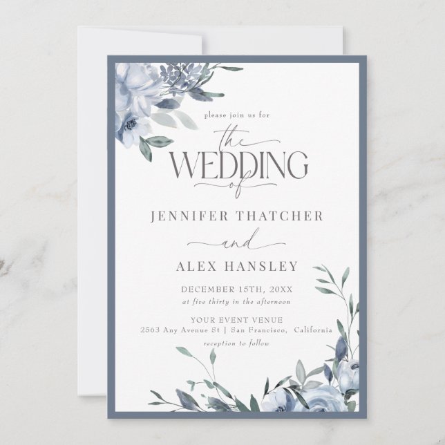 Convites Casamento Floral Azul Moderno Elegante | Código Qr (Frente)