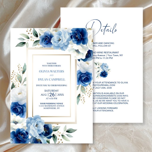 Convites Casamento Floral Azul Moderno Tudo em Um (Criador carregado)