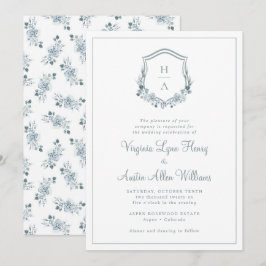 Convites Casamento Floral Azul Monograma