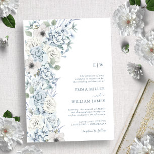 Convites Casamento Floral Azul Monogramado
