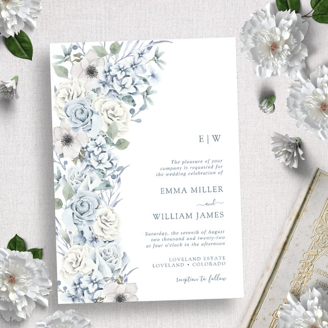 Convites Casamento Floral Azul Monogramado (Criador carregado)