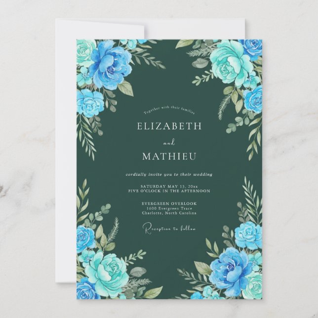 Convites Casamento Floral Azul na Floresta (Frente)