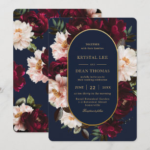 Convites Casamento Floral Azul Naval Bege Borgonha Escuro