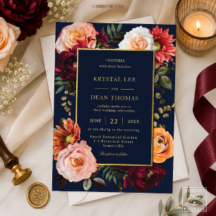 Convites Casamento Floral Azul Naval Bege Borgonha Ferrugem