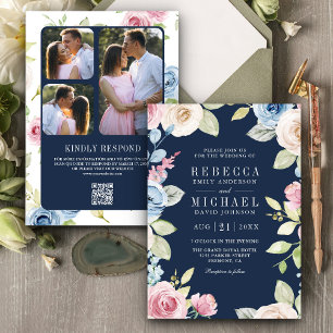 Convites Casamento Floral Azul Naval Código QR Primavera Su