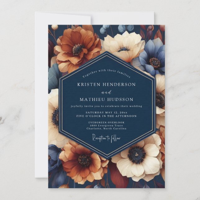 Convites Casamento Floral Azul Naval de Outono (Frente)