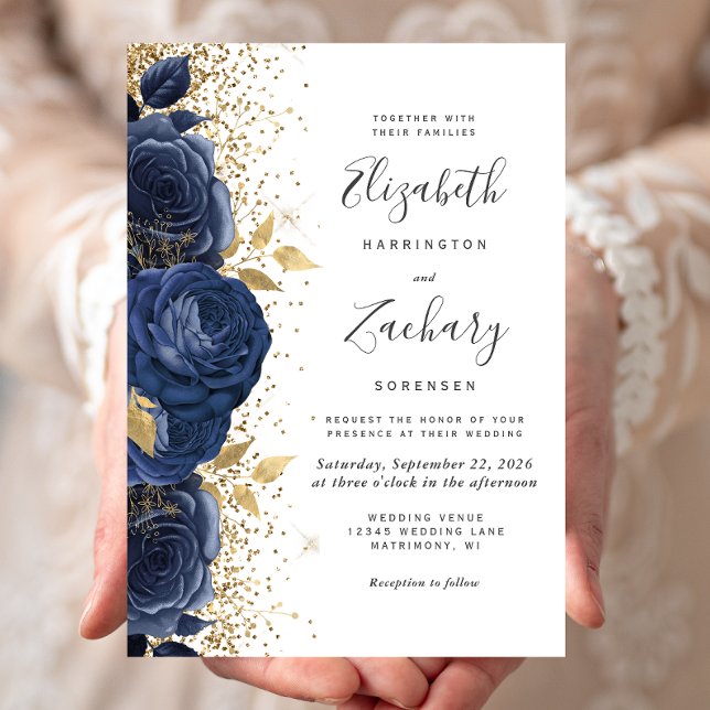 Convites Casamento Floral Azul Naval Dourado Branco (Criador carregado)