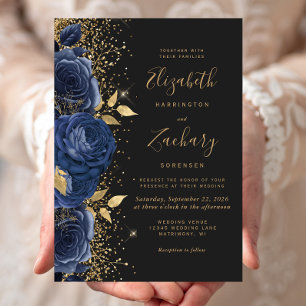 Convites Casamento Floral Azul Naval Dourado Preto Fosco