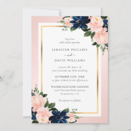 Convites Casamento Floral Azul Naval Dourado Rosa Elegante
