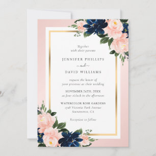 Convites Casamento Floral Azul Naval Dourado Rosa Elegante