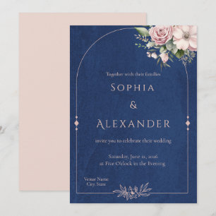 Convites Casamento Floral Azul Naval e Rosa Pó com Elegânci