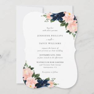 Convites Casamento Floral Azul Naval Elegante com Rosa Bege