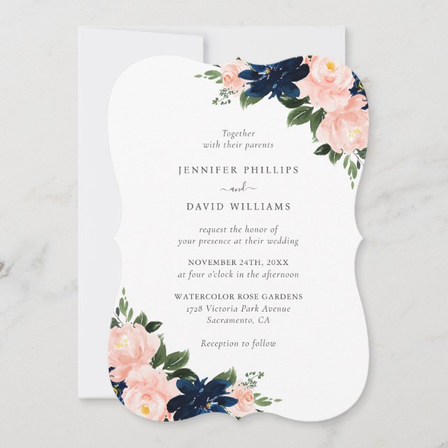 Convites Casamento Floral Azul Naval Elegante com Rosa Bege (Frente)