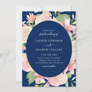 Convites Casamento Floral Azul Naval Elegante com Rubor