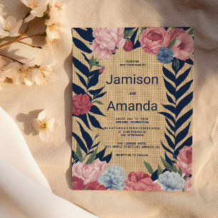 Convites Casamento Floral Azul Naval Marfim Rústico País