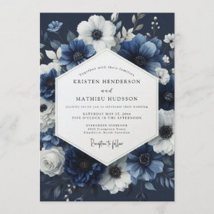 Convites Casamento Floral Azul Naval Meia-Noite