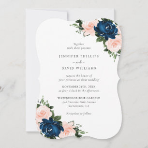 Convites Casamento Floral Azul Naval Rosa Aquarela