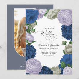 Convites Casamento Floral Azul-Navy, Lilás Suave e Cinza Nu