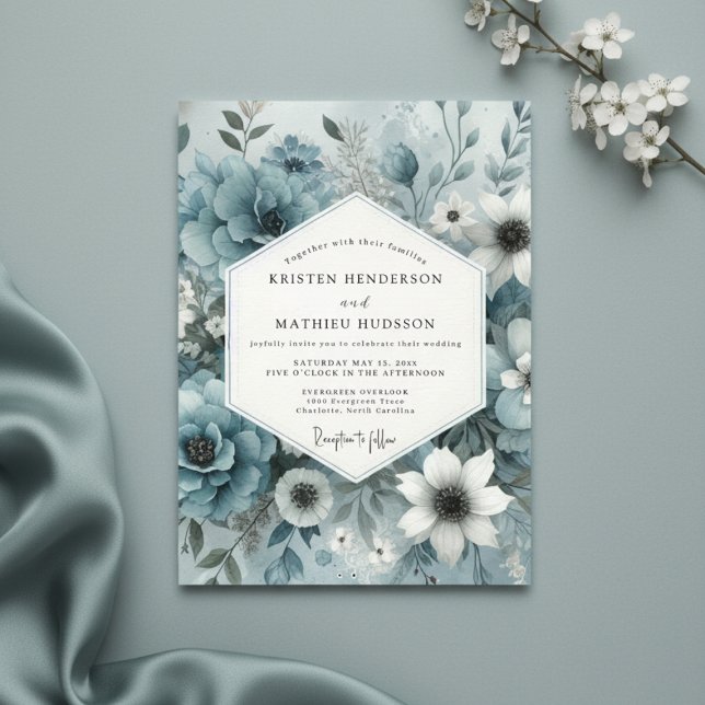 Convites Casamento Floral Azul Nebuloso (Criador carregado)