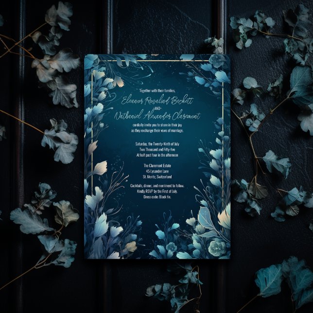 Convites Casamento Floral Azul-Negro e Aquamarino (Criador carregado)