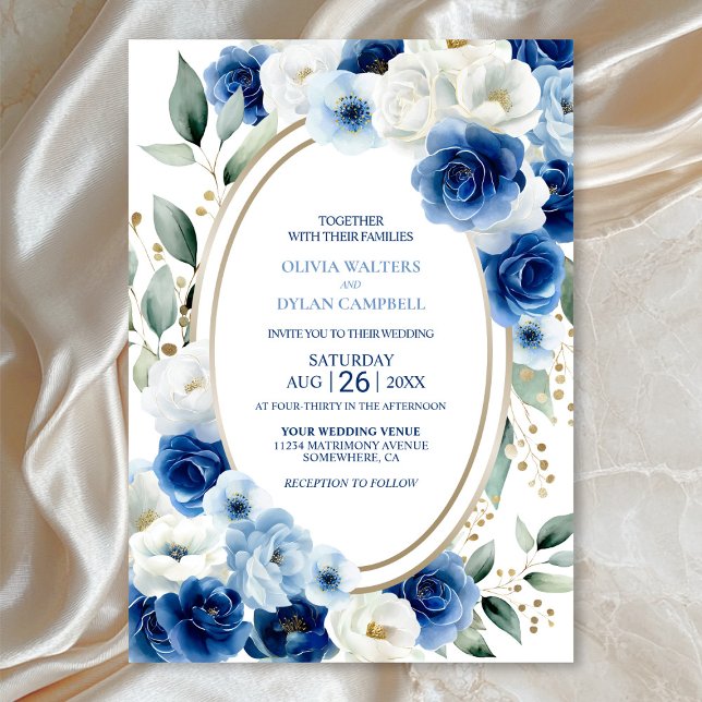 Convites Casamento Floral Azul Oval (Criador carregado)