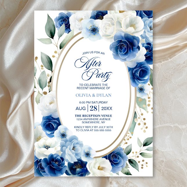 Convites Casamento Floral Azul Oval Após Festa (Criador carregado)