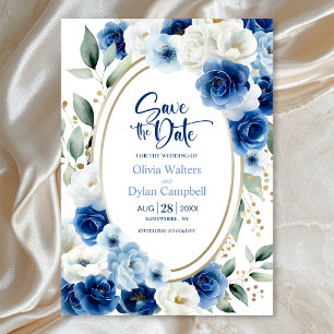 Convites Casamento Floral Azul Oval Salvar a Data
