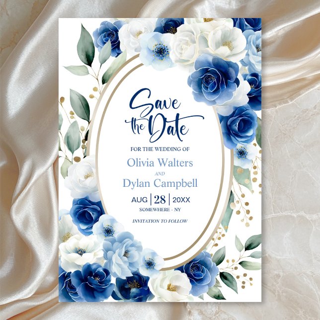Convites Casamento Floral Azul Oval Salvar a Data (Criador carregado)