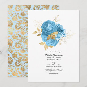 Convites Casamento Floral Azul Pastel e Dourado