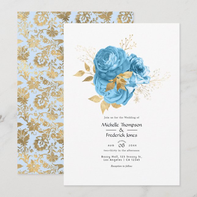 Convites Casamento Floral Azul Pastel e Dourado (Frente/Verso)