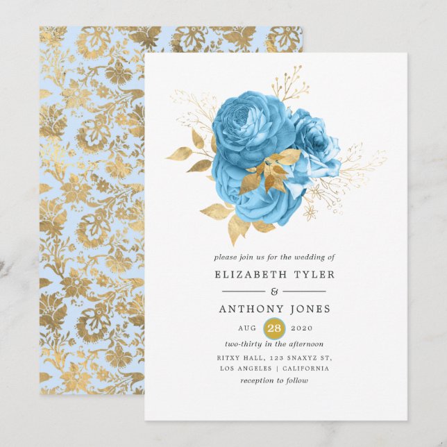 Convites Casamento Floral Azul Pastel e Dourado (Frente/Verso)