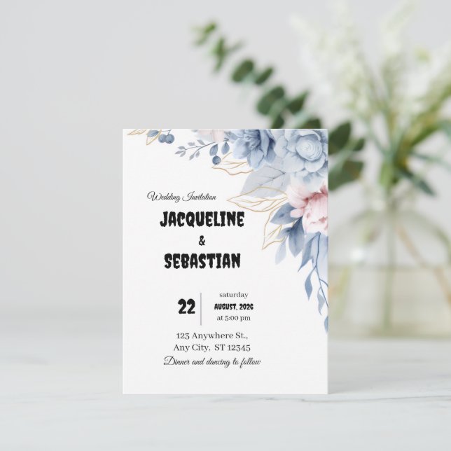 Convites Casamento Floral Azul Personalizável (Em pé/Frente)