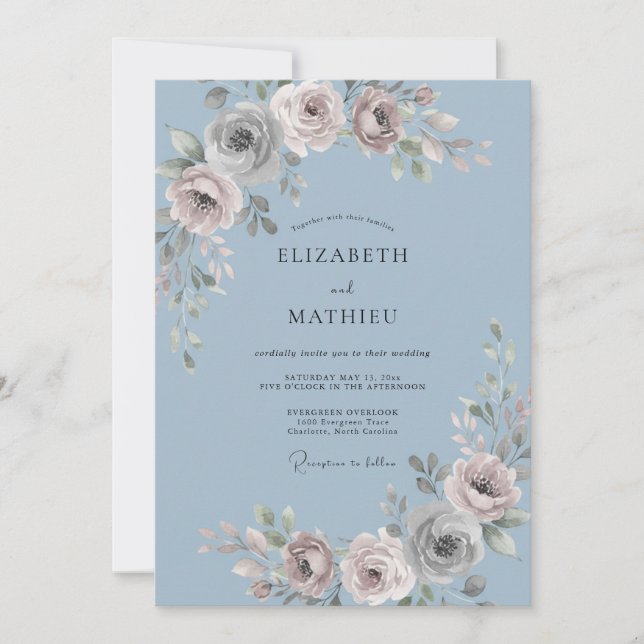 Convites Casamento Floral Azul Pizarra (Frente)