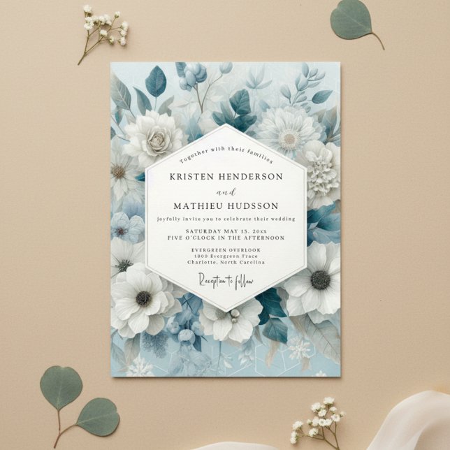 Convites Casamento Floral Azul Pizarra (Criador carregado)