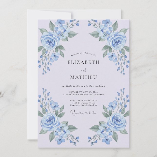 Convites Casamento Floral Azul Pó (Frente)
