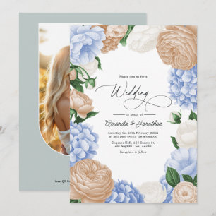 Convites Casamento Floral Azul Pó, Bege Areia e Branco
