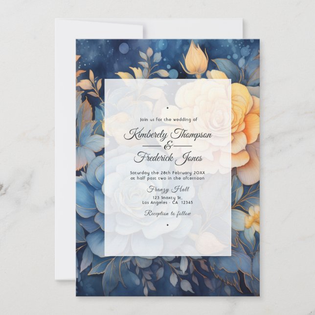 Convites Casamento Floral Azul Poeira e Dourado (Frente)