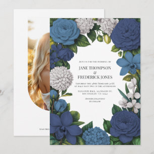 Convites Casamento Floral Azul Poeira, Prata e Naval