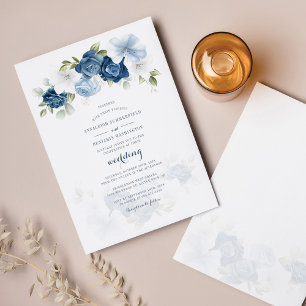 Convites Casamento Floral Azul Poeirento Botânico Moderno