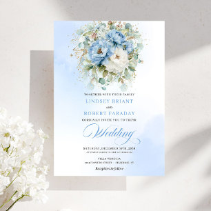 Convites Casamento Floral Azul Poeirento Dourado Romântico 