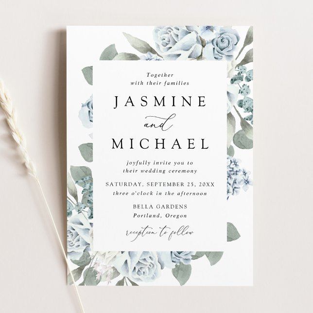 Convites Casamento Floral Azul Poeirento Elegante (Criador carregado)