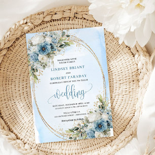 Convites Casamento Floral Azul Poeirento Elegante Quadro Do